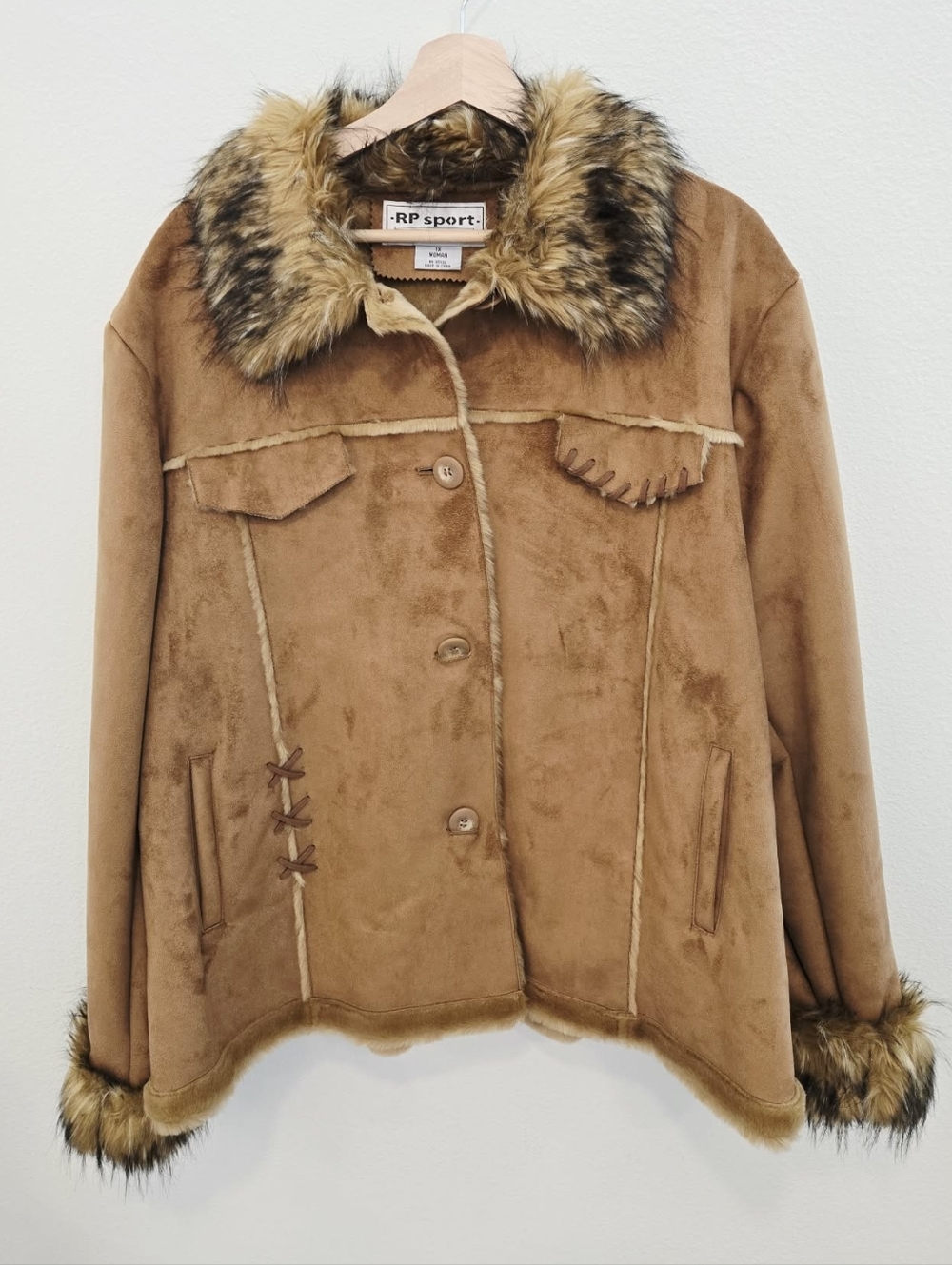 Vintage RP Sport Faux Fur Suede Jacket Brown Boho Penny Lane size 1X Western y2k